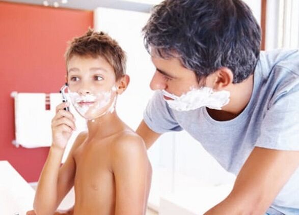 father teaches the child to shave and enlarge the penis